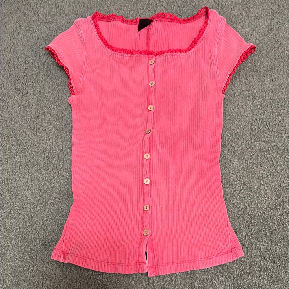 Pink Short Sleeve Button-Up Top